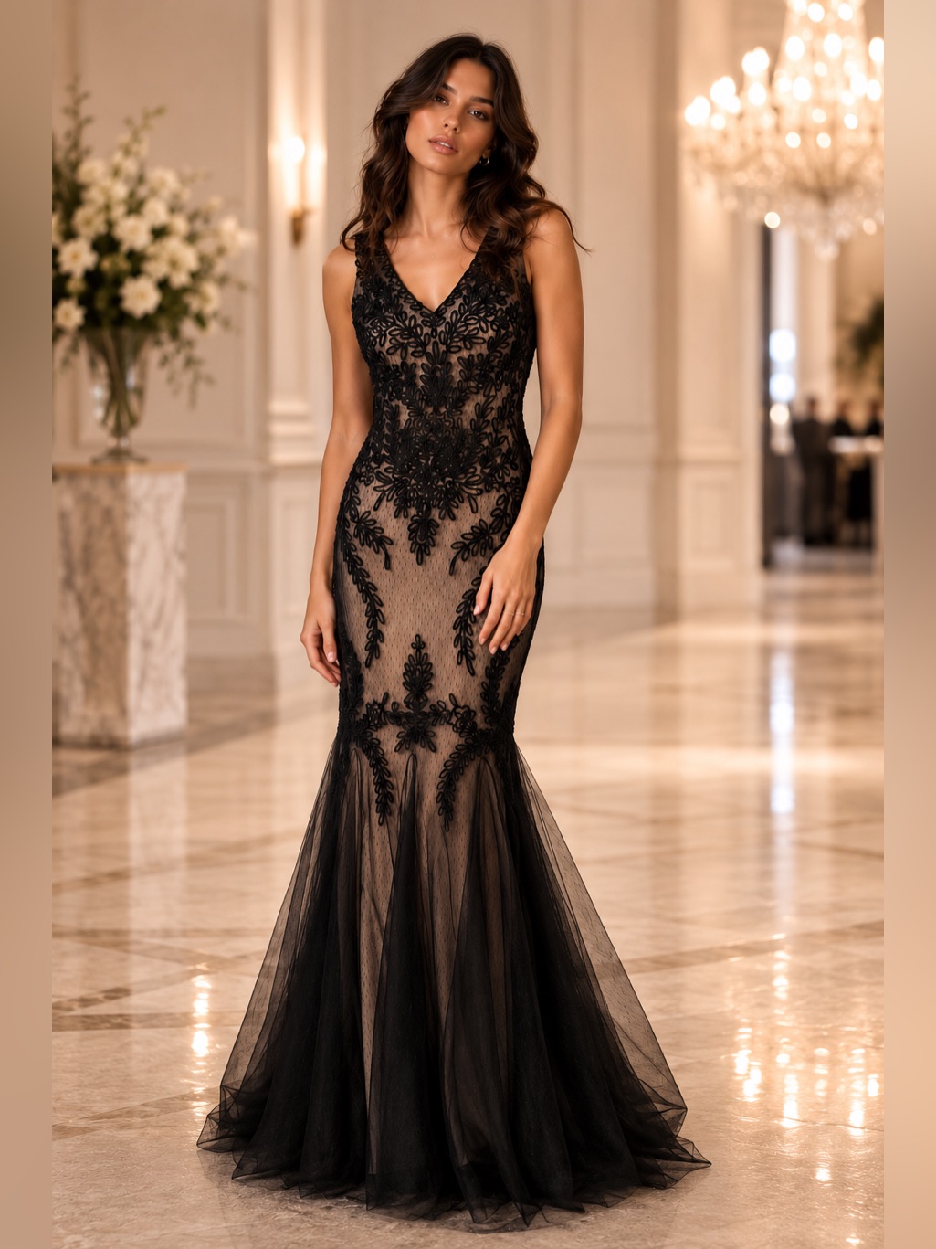 Cachet Black Embroidered Tulle Mermaid Gown Size 6 Formal Evening Prom Dress